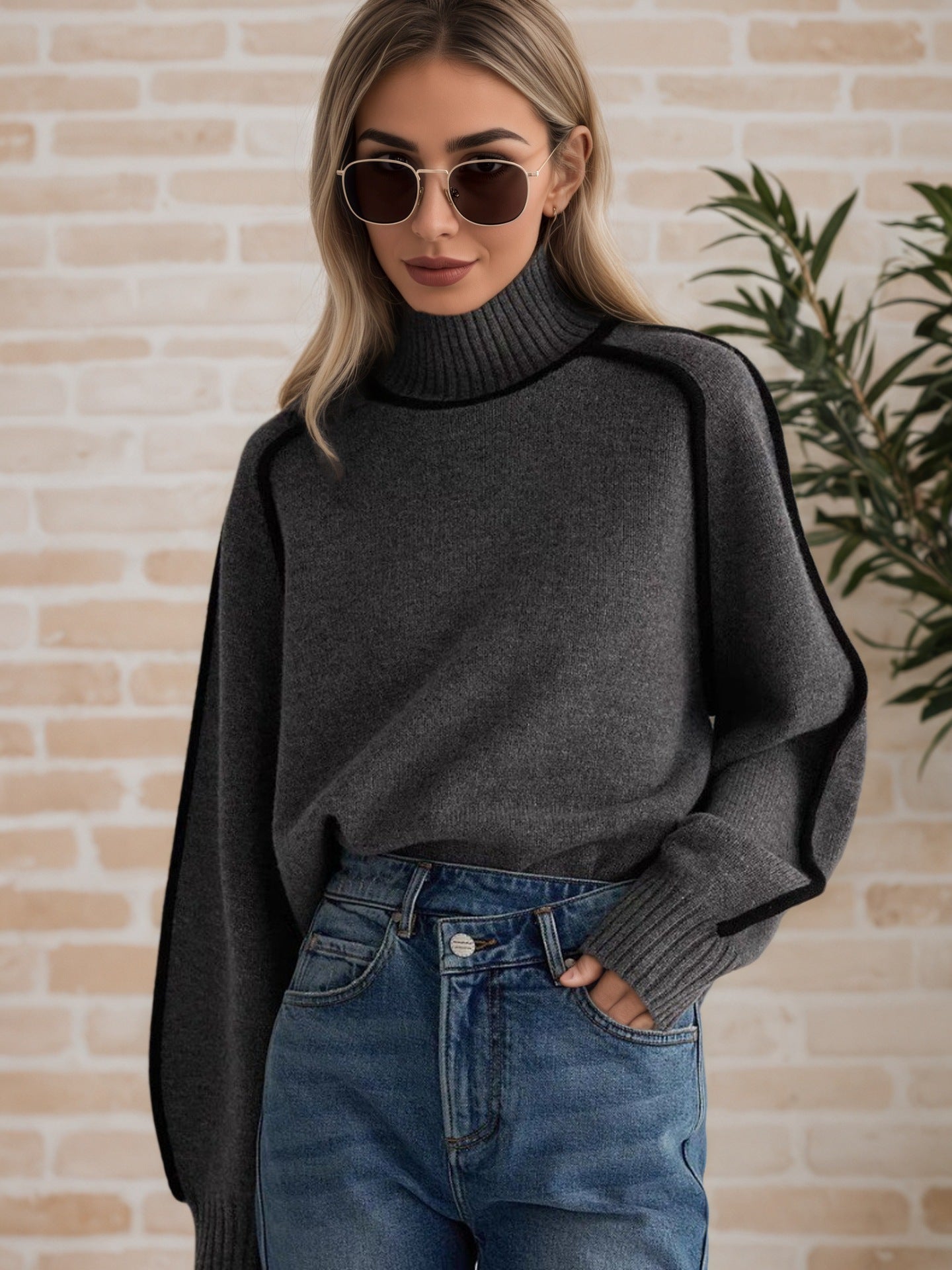 High-neck, 3D striped, slimming, casual, loose-fitting pullover knit sweater