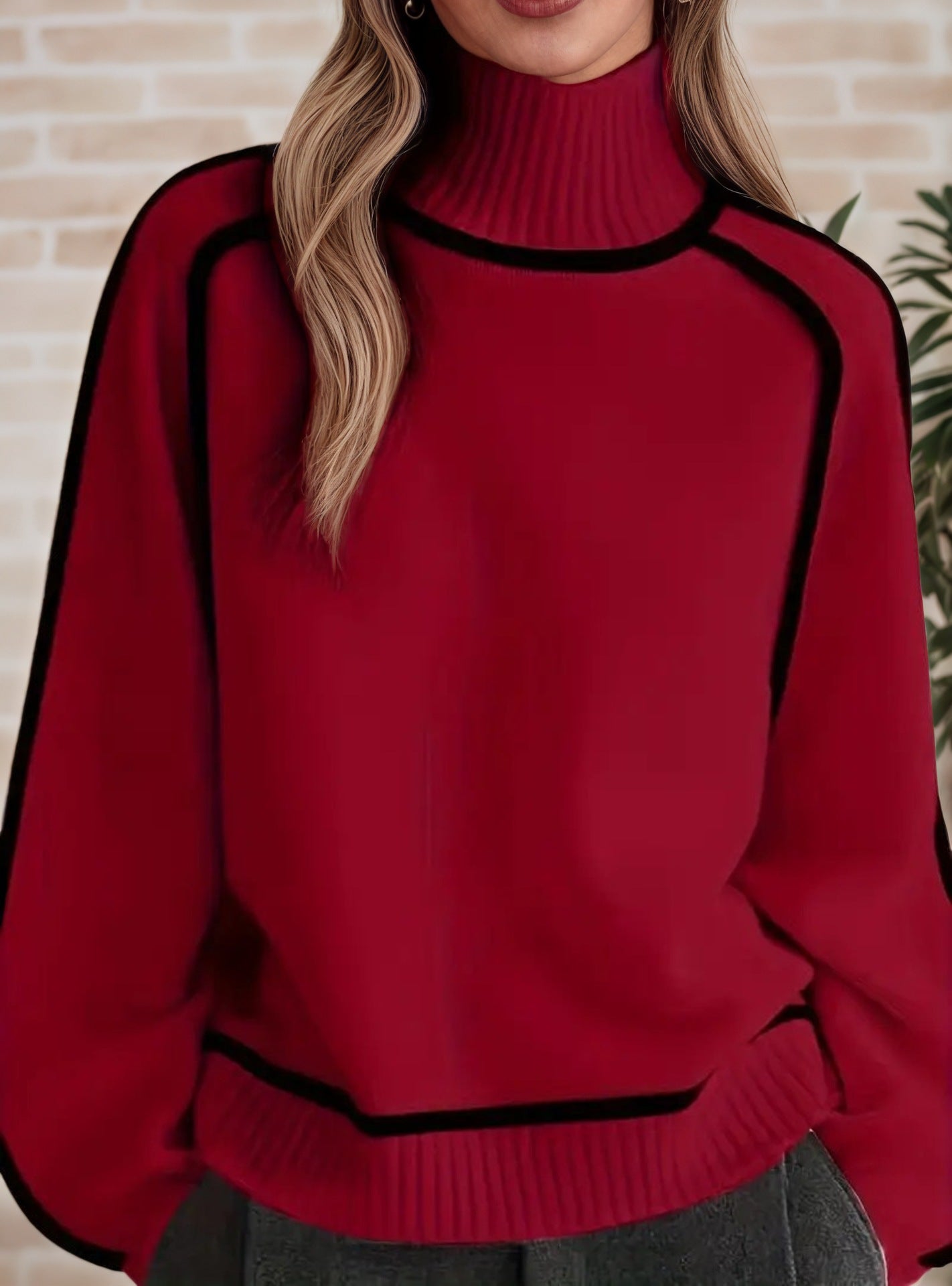 High-neck, 3D striped, slimming, casual, loose-fitting pullover knit sweater