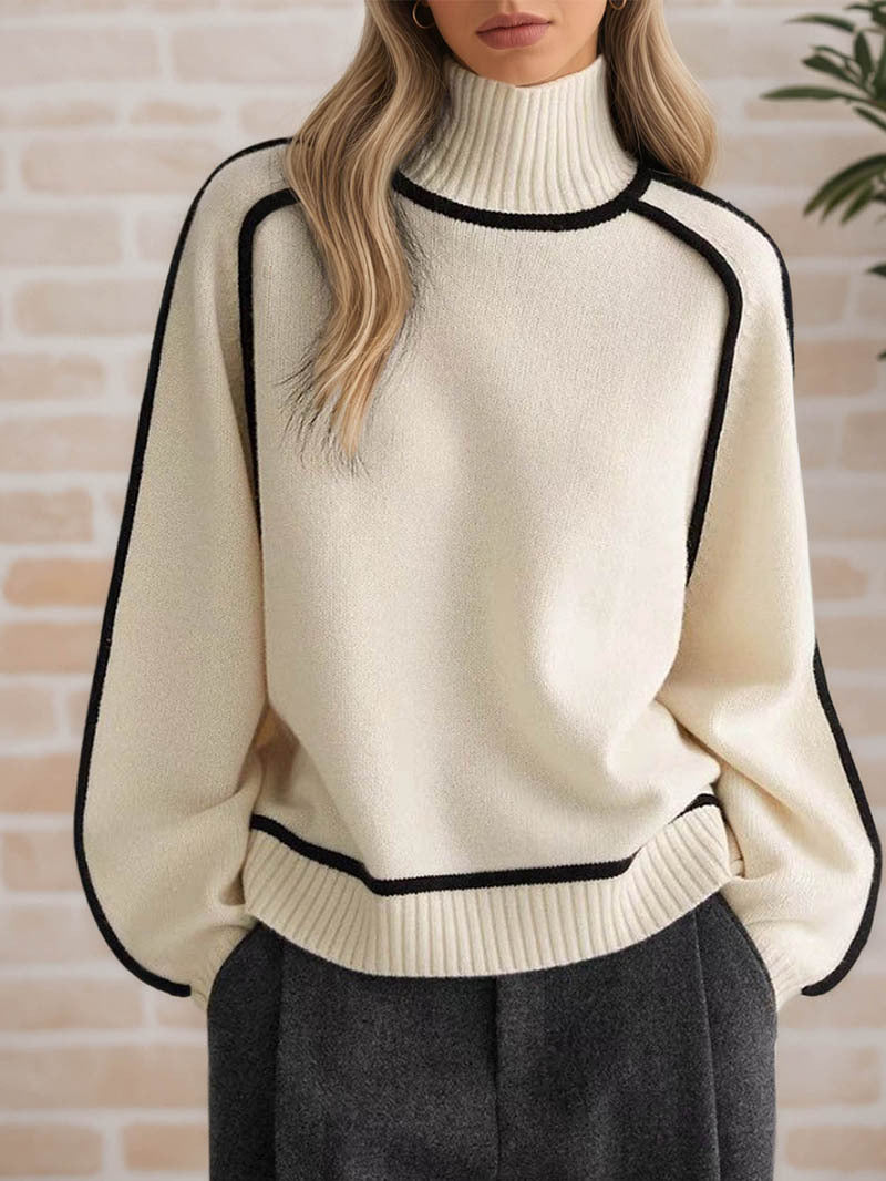 High-neck, 3D striped, slimming, casual, loose-fitting pullover knit sweater