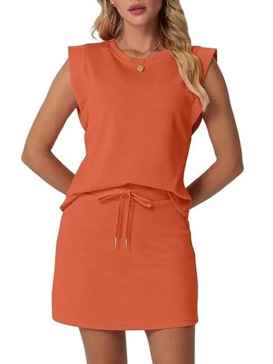 ⏰Hot Sale-Women's Summer 2 Piece Skort Set Cap Sleeve Round Neck Top